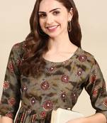 women's round neck geometric batik grey anarkali kurta and trouser