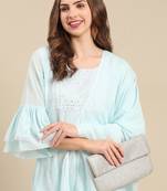 women's round neck solid blue straight kurta and sharara with dupatta