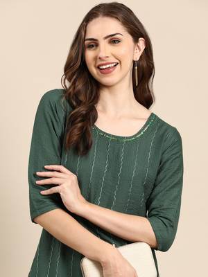 women's round neck textured khari print green straight kurta and trouser 1