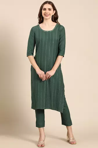 women's round neck textured khari print green straight kurta and trouser