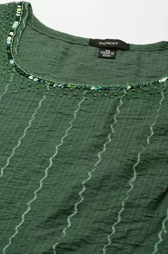 women's round neck textured khari print green straight kurta and trouser