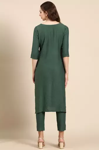 women's round neck textured khari print green straight kurta and trouser