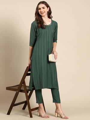women's round neck textured khari print green straight kurta and trouser 5
