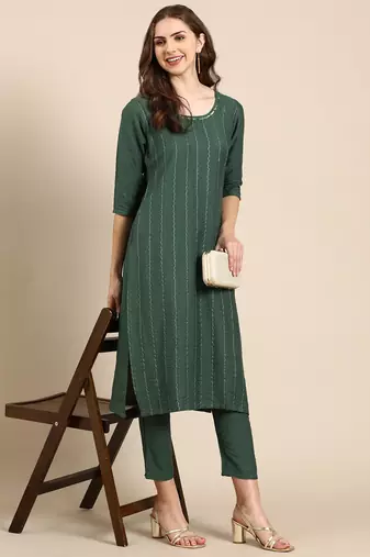 women's round neck textured khari print green straight kurta and trouser