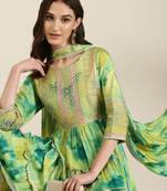 women's round neck solid green a-line kurti and sharara with dupatta