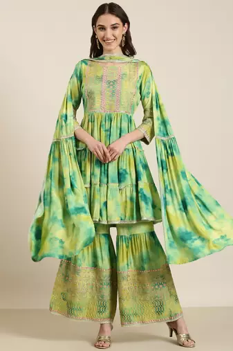women's round neck solid green a-line kurti and sharara with dupatta