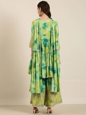 women's round neck solid green a-line kurti and sharara with dupatta 4