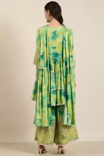 women's round neck solid green a-line kurti and sharara with dupatta