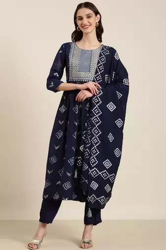 women's round neck geometric foil print navy blue a-line kurta and trouser with dupatta