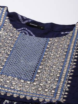 women's round neck geometric foil print navy blue a-line kurta and trouser with dupatta 4