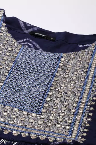 women's round neck geometric foil print navy blue a-line kurta and trouser with dupatta