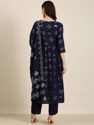 women's round neck geometric foil print navy blue a-line kurta and trouser with dupatta 5