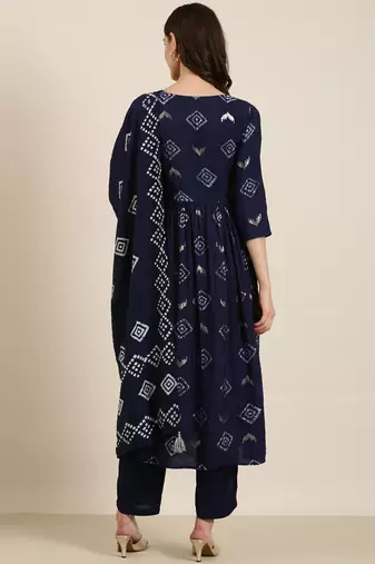 women's round neck geometric foil print navy blue a-line kurta and trouser with dupatta