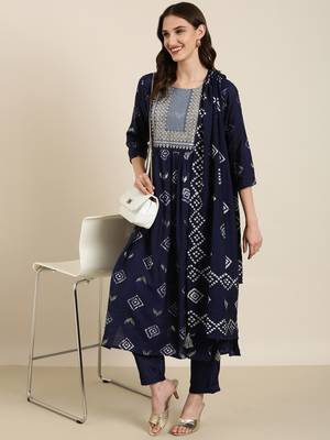 women's round neck geometric foil print navy blue a-line kurta and trouser with dupatta 1