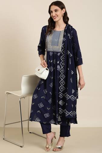 women's round neck geometric foil print navy blue a-line kurta and trouser with dupatta