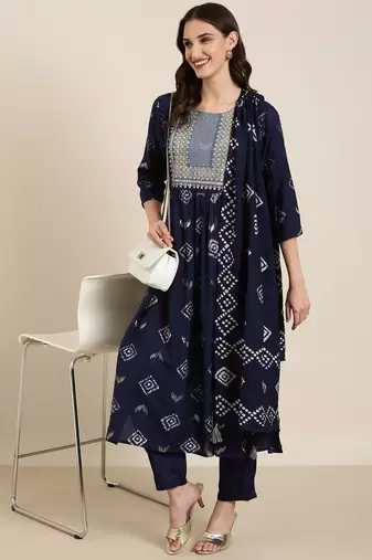 women's round neck geometric foil print navy blue a-line kurta and trouser with dupatta