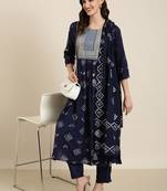 women's round neck geometric foil print navy blue a-line kurta and trouser with dupatta
