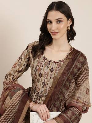 women's round neck ethnic motifs taupe anarkali kurta and trouser with dupatta 1