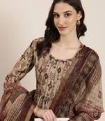 women's round neck ethnic motifs taupe anarkali kurta and trouser with dupatta