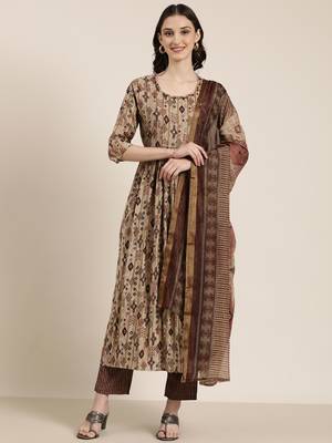 women's round neck ethnic motifs taupe anarkali kurta and trouser with dupatta 2