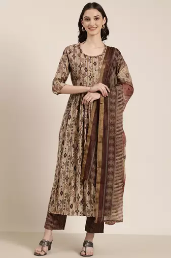 women's round neck ethnic motifs taupe anarkali kurta and trouser with dupatta