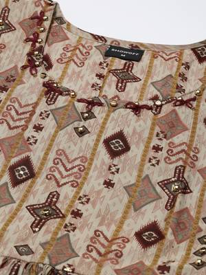 women's round neck ethnic motifs taupe anarkali kurta and trouser with dupatta 3