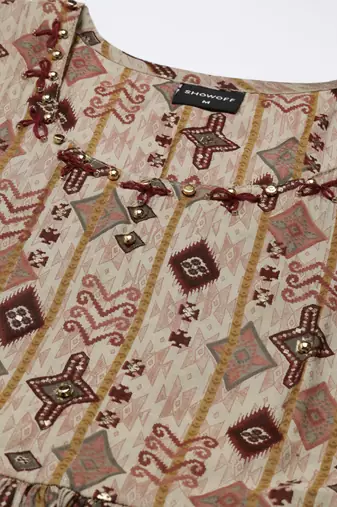 women's round neck ethnic motifs taupe anarkali kurta and trouser with dupatta