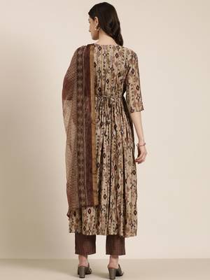 women's round neck ethnic motifs taupe anarkali kurta and trouser with dupatta 4