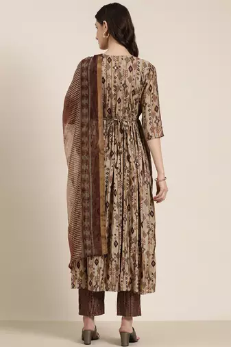 women's round neck ethnic motifs taupe anarkali kurta and trouser with dupatta