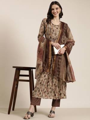 women's round neck ethnic motifs taupe anarkali kurta and trouser with dupatta 5