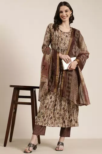 women's round neck ethnic motifs taupe anarkali kurta and trouser with dupatta