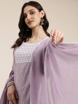 women's round neck solid lavender straight kurta and sharara with dupatta 1