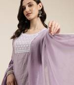 women's round neck solid lavender straight kurta and sharara with dupatta