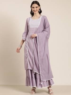 women's round neck solid lavender straight kurta and sharara with dupatta 2
