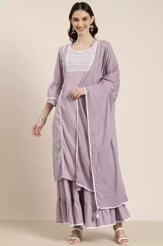 women's round neck solid lavender straight kurta and sharara with dupatta