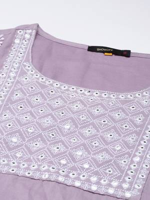 women's round neck solid lavender straight kurta and sharara with dupatta 3