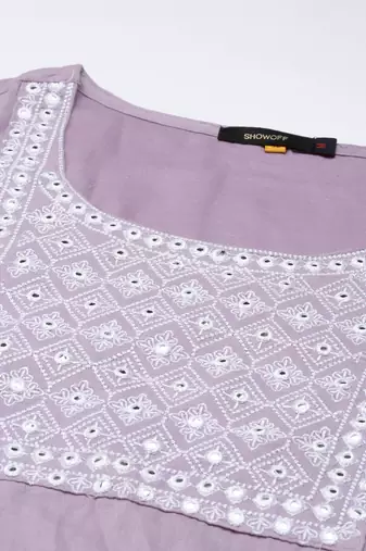 women's round neck solid lavender straight kurta and sharara with dupatta