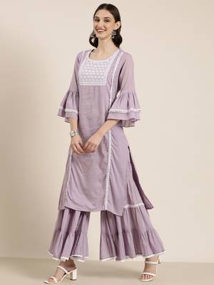 women's round neck solid lavender straight kurta and sharara with dupatta 4