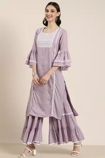 women's round neck solid lavender straight kurta and sharara with dupatta