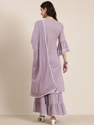 women's round neck solid lavender straight kurta and sharara with dupatta 5