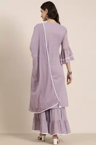 women's round neck solid lavender straight kurta and sharara with dupatta