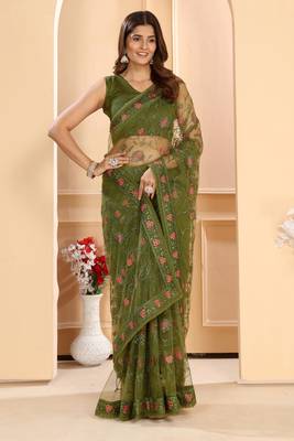 Patlani Style Beautiful Embroidered Bollywood Net Ruffle Work Saree With Unstitched Blouse. 1