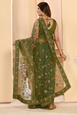Patlani Style Beautiful Embroidered Bollywood Net Ruffle Work Saree With Unstitched Blouse. 2