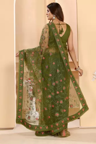 Patlani Style Beautiful Embroidered Bollywood Net Ruffle Work Saree With Unstitched Blouse.