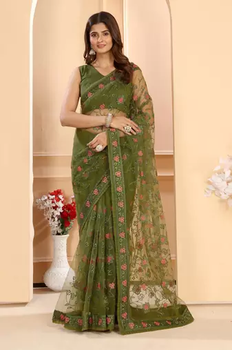 Patlani Style Beautiful Embroidered Bollywood Net Ruffle Work Saree With Unstitched Blouse.