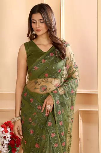 Patlani Style Beautiful Embroidered Bollywood Net Ruffle Work Saree With Unstitched Blouse.