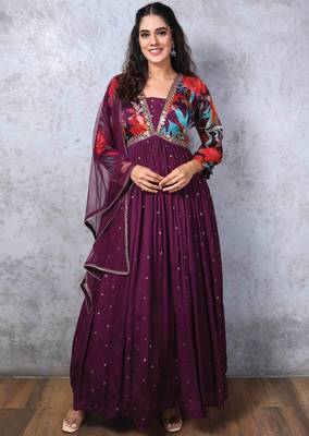 Wine Chinnon Embroidered Alia cut Anarkali Gown with Dupatta Kurta Set For Party Wear  1