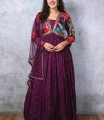  Wine Chinnon Embroidered Alia cut Anarkali Gown with Dupatta Kurta Set For Party Wear 