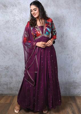  Wine Chinnon Embroidered Alia cut Anarkali Gown with Dupatta Kurta Set For Party Wear  2