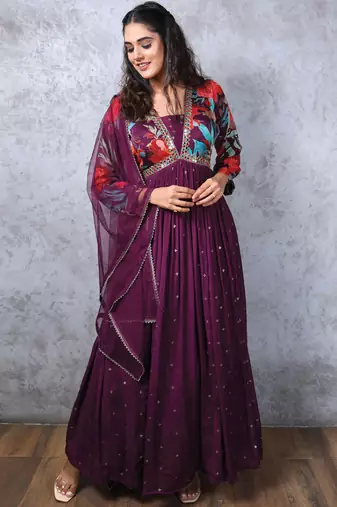  Wine Chinnon Embroidered Alia cut Anarkali Gown with Dupatta Kurta Set For Party Wear 